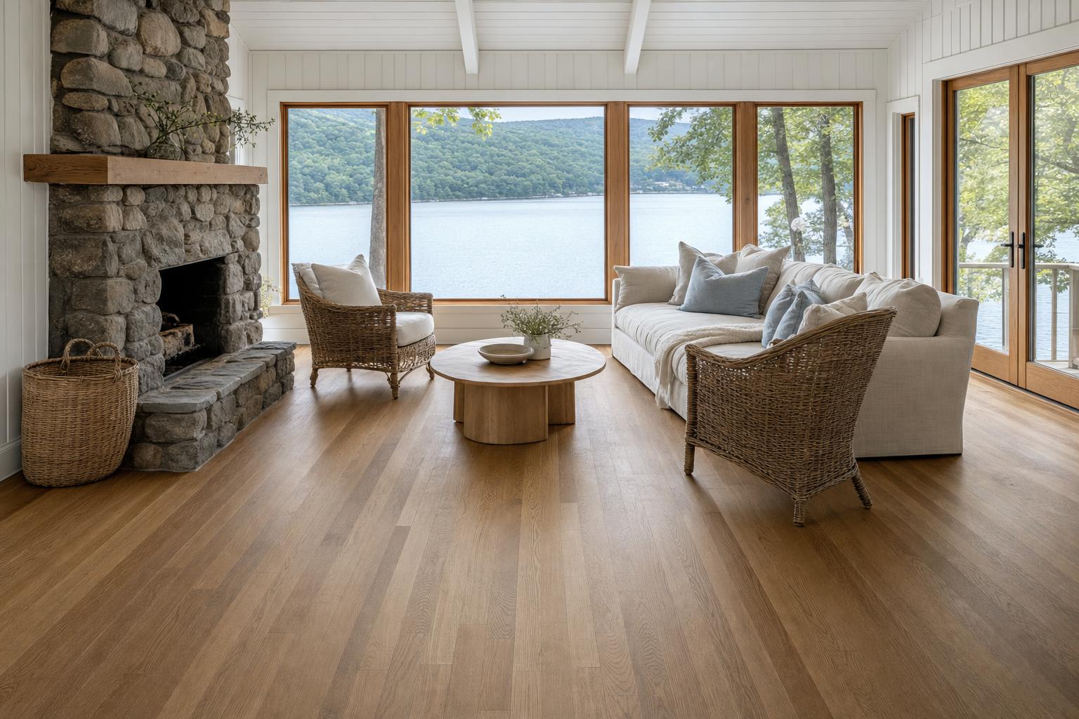 Living room facing the lake, as it was made, before a floor is chosen